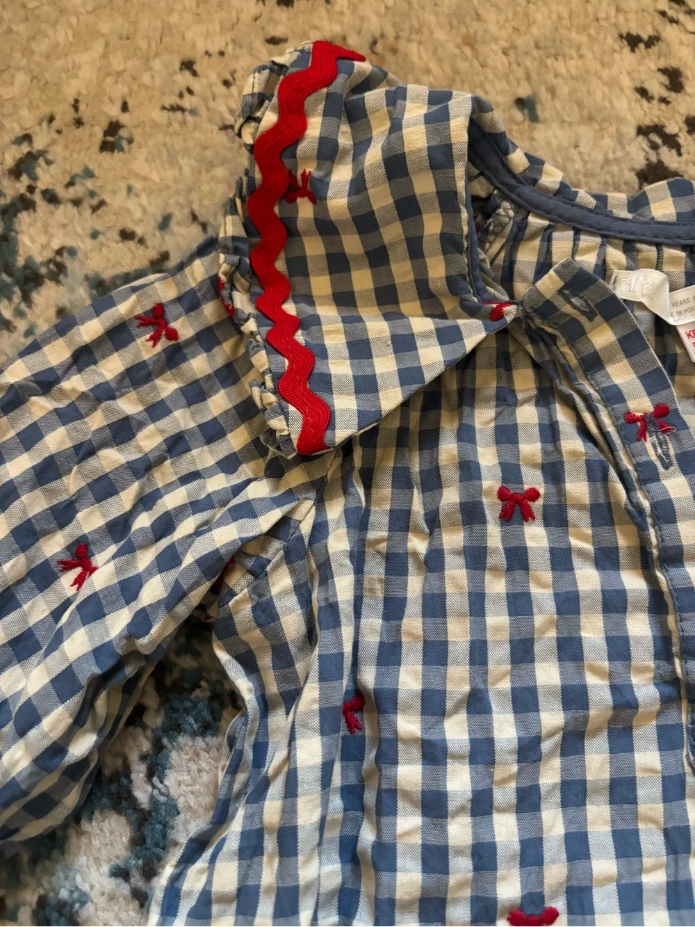 Zara Blue Gingham Dress with Red Bow Embroider